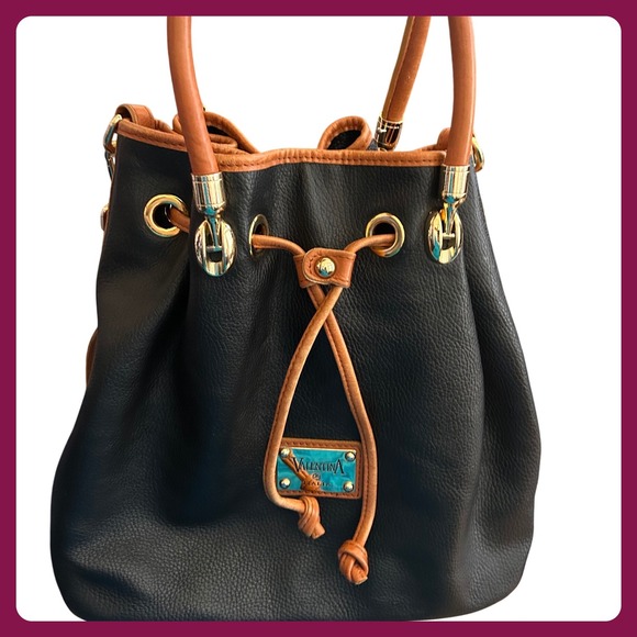 Valentina Italia Black Leather Bucket Bag Drawstring Shoulder Bag Purse - Picture 1 of 10